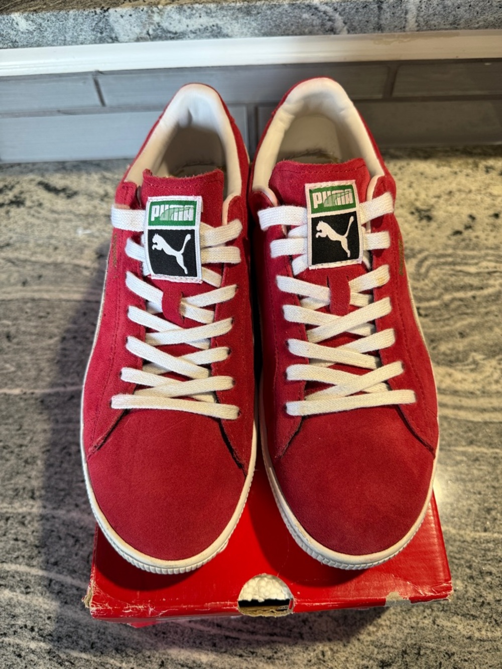 Puma Men’s Red Suede Low-Top Sneakers with White Laces